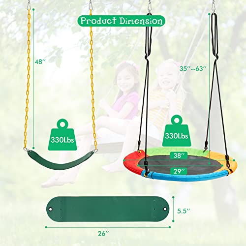 LDAILY 2-Pack Swing Sets, Belt Swing & Saucer Tree Swing w/Adjustable Ropes, 2 Hanging Ways & Easy Setup, Multifunctional Swing Toy Set for Patio, Playground, Backyard