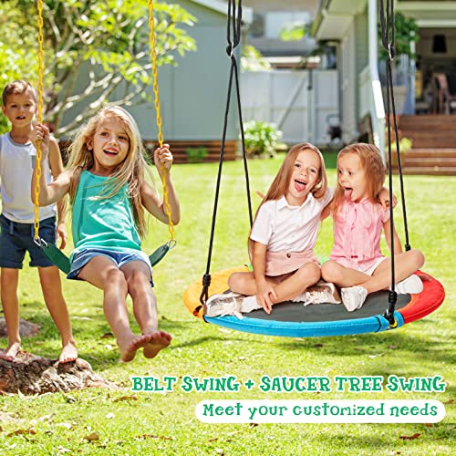 LDAILY 2-Pack Swing Sets, Belt Swing & Saucer Tree Swing w/Adjustable Ropes, 2 Hanging Ways & Easy Setup, Multifunctional Swing Toy Set for Patio, Playground, Backyard