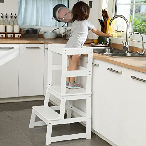 Kitchen Step Stool for Toddlers, Montessori Kids Learning Stool,Baby Standing Tower for Counter,Children Standing Helper-White