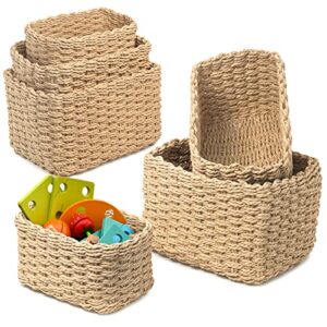 ezoware small woven paper rope storage baskets, set of 6 soft rectangular decorative container box bins for baby, kids, closet, nursery room, baskets for gifts empty - beige, 3 sizes