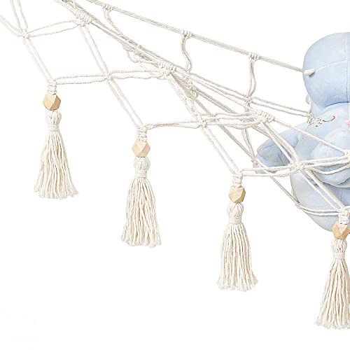 Dahey Stuffed Animal Storage Net Hammock with String Light Wall Corner Hanging Toys Storage Organizer Plush Net Toy Holder Hammock Macrame Tassels Boho Decor for Nursery Kid Playroom Bedroom