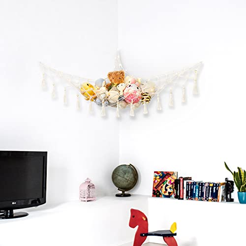 Dahey Stuffed Animal Storage Net Hammock with String Light Wall Corner Hanging Toys Storage Organizer Plush Net Toy Holder Hammock Macrame Tassels Boho Decor for Nursery Kid Playroom Bedroom