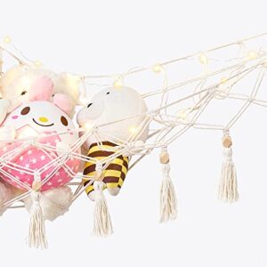 Dahey Stuffed Animal Storage Net Hammock with String Light Wall Corner Hanging Toys Storage Organizer Plush Net Toy Holder Hammock Macrame Tassels Boho Decor for Nursery Kid Playroom Bedroom