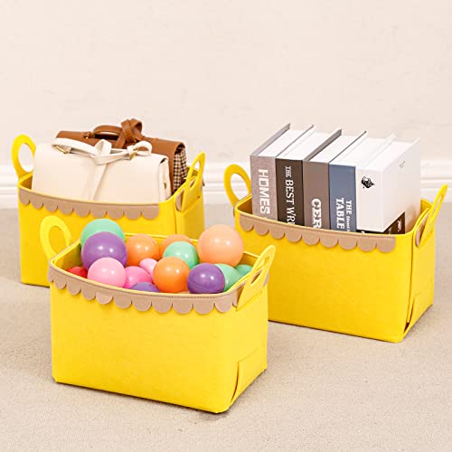 Yesesion 3 Pack Cube Storage Bins with Handle, Felt Collapsible Storage Basket for Shelves, Home Office Organization for Closet, Nursery, Bedroom, Books, Letter, Toys, Toilet Paper (Yellow - Medium)