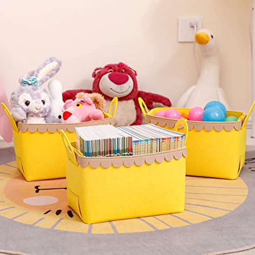 Yesesion 3 Pack Cube Storage Bins with Handle, Felt Collapsible Storage Basket for Shelves, Home Office Organization for Closet, Nursery, Bedroom, Books, Letter, Toys, Toilet Paper (Yellow - Medium)