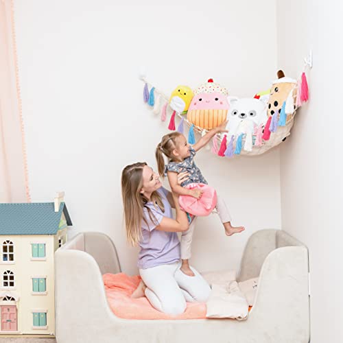 Familla Girls XL Toys & Stuffed Animal Hammock for Kids Room with LED String Light | Jumbo Toy Hammock Organizer | Corner Toy Net for Stuffed Animals & Plushie Storage | Macrame Plush Animal Net Toy Storage