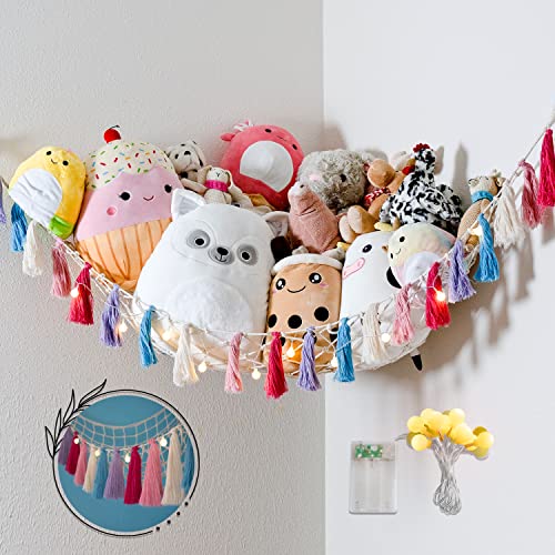 Familla Girls XL Toys & Stuffed Animal Hammock for Kids Room with LED String Light | Jumbo Toy Hammock Organizer | Corner Toy Net for Stuffed Animals & Plushie Storage | Macrame Plush Animal Net Toy Storage