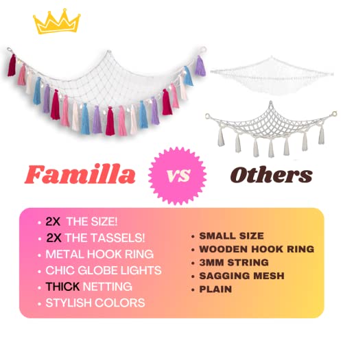 Familla Girls XL Toys & Stuffed Animal Hammock for Kids Room with LED String Light | Jumbo Toy Hammock Organizer | Corner Toy Net for Stuffed Animals & Plushie Storage | Macrame Plush Animal Net Toy Storage