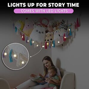 Familla Girls XL Toys & Stuffed Animal Hammock for Kids Room with LED String Light | Jumbo Toy Hammock Organizer | Corner Toy Net for Stuffed Animals & Plushie Storage | Macrame Plush Animal Net Toy Storage