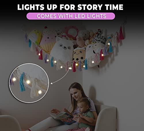 Familla Girls XL Toys & Stuffed Animal Hammock for Kids Room with LED String Light | Jumbo Toy Hammock Organizer | Corner Toy Net for Stuffed Animals & Plushie Storage | Macrame Plush Animal Net Toy Storage