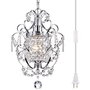 plug in pendant lights with k9 crystal，hanging lamp with 15ft clear cord & on/off switch，mini chandelier for closet living room girls room bedroom nursery