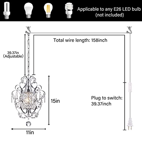 Plug in Pendant Lights with K9 Crystal，Hanging Lamp with 15Ft Clear Cord & On/Off Switch，Mini Chandelier for Closet Living Room Girls Room Bedroom Nursery