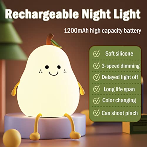 LEDHOLYT Night Light ,Cute Silicone Nursery Pear Lamp for Baby and Toddler,Fruit NightLight for Boys and Girls,Squishy Kawaii Bedside Night Lamp for Bedroom, Kids Room (Pear)