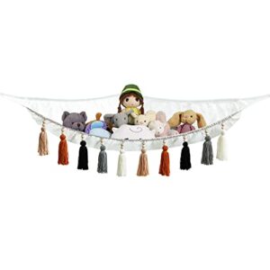 ocioli stuffed animal storage stuffed animal net or hammock macrame toy hammock with colorful tassels & wooden beads decor stuffed animal hammock for kid room,playroom,toy storage,nursery (white)