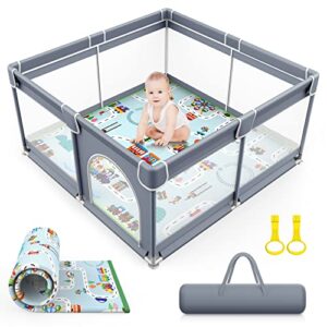 vancle baby playpen with mat, playpen for babies and toddlers, large baby fence play area baby play yards play pens for kids indoor & outdoor activity center (50"x50", gray)