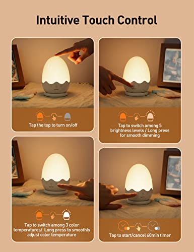 sympa Night Light for Kids, Baby Night Light with 1 Hour Timer & Touch Control, Rechargeable Night Light with 5 Brightness 3 Color Temperature, Touch Lamp Hanging Ring & Memory Function, White