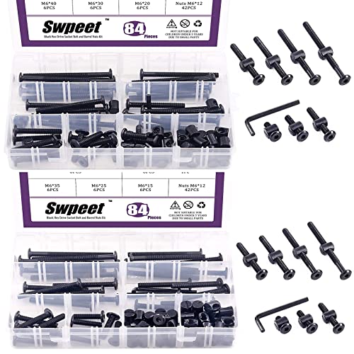 Swpeet 120Pcs Black M6 × 20/30/40/50/60/70/80mm Crib Hardware Screws Kit and 84Pcs Black M6 × 15/25/35/45/55/65/75mm Crib Hardware Screws Kit