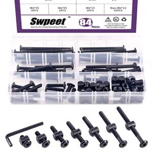 Swpeet 120Pcs Black M6 × 20/30/40/50/60/70/80mm Crib Hardware Screws Kit and 84Pcs Black M6 × 15/25/35/45/55/65/75mm Crib Hardware Screws Kit
