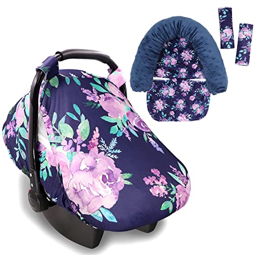 Car Seat Cover & Carseat Headrest Strap Covers for Babies, Summer Cozy Sun & Warm Cover, Purple Flower