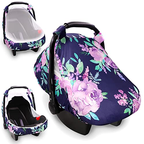 Car Seat Cover & Carseat Headrest Strap Covers for Babies, Summer Cozy Sun & Warm Cover, Purple Flower