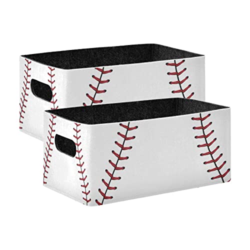 Kcldeci Red Stitching Baseball Storage Bins Baskets for Organizing 2Pack, Sport Ball White Sturdy Storage Basket Foldable Storage Baskets for Shelves Closet Nursery Toy