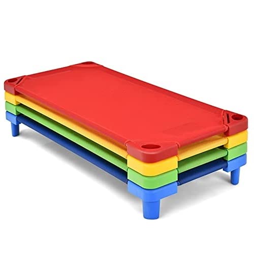 GLACER Toddler Daycare Cots, Stackable Kids Cots for Sleeping, Children's Naptime Bed w/Easy Lift Corners, Ready-to-Assemble, Perfect for Daycare, Nursery, Preschool, Pack of 4 (Multicolor)