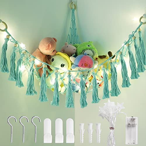 Stuffed Animals Net or Hammock With Light, Animal Hammock Holder with Hooks for Hanging, Toys Organizer Suitable For Children's Room Bedroom Kindergarten Nursery Stuffed Animal Storage…