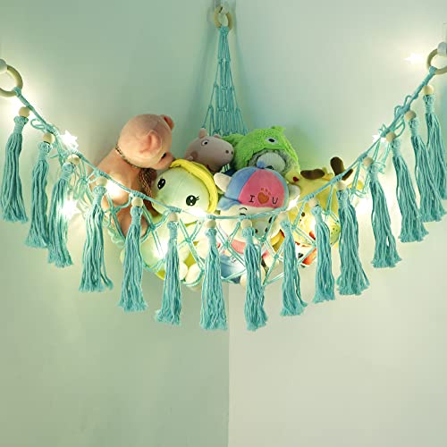 Stuffed Animals Net or Hammock With Light, Animal Hammock Holder with Hooks for Hanging, Toys Organizer Suitable For Children's Room Bedroom Kindergarten Nursery Stuffed Animal Storage…