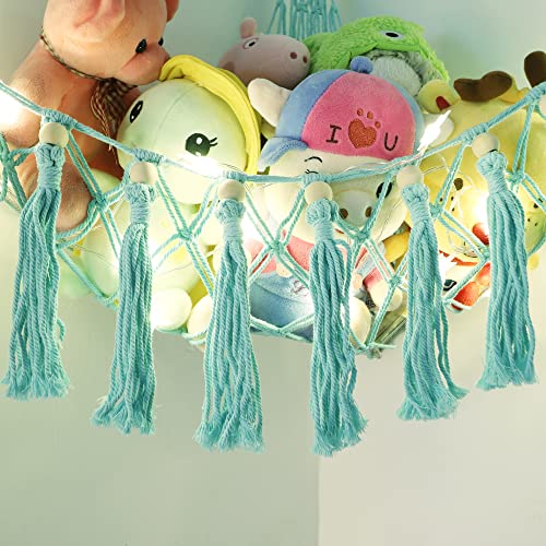 Stuffed Animals Net or Hammock With Light, Animal Hammock Holder with Hooks for Hanging, Toys Organizer Suitable For Children's Room Bedroom Kindergarten Nursery Stuffed Animal Storage…