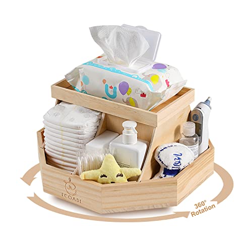 ECOADE Wooden Diaper Caddy Organizer - 360 Degrees Rotating Caddy with Removable Dividers, Nursery Diaper Organizer