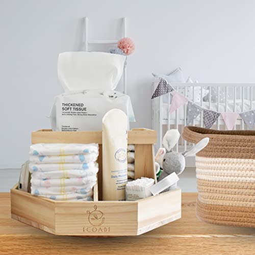 ECOADE Wooden Diaper Caddy Organizer - 360 Degrees Rotating Caddy with Removable Dividers, Nursery Diaper Organizer