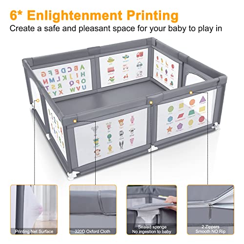 Voovc Premium Baby Playpen with Mat, 71x60 Inches Extra Large Playpen for Babies and Toddlers, Indoor & Outdoor Activity Center, Safety Baby Play Pen with Gate Prints