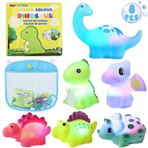 light up bath toys for toddlers kids baby boys, no hole dinosaur bath toys with bath book & organizer, led light bath time water toys for bath tubs bathrooms pool, gift for toddlers boys infants