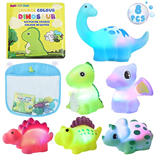 Light Up Bath Toys for Toddlers Kids Baby Boys, No Hole Dinosaur Bath Toys with Bath Book & Organizer, Led Light Bath Time Water Toys for Bath Tubs Bathrooms Pool, Gift for Toddlers Boys Infants