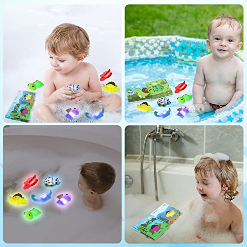 Light Up Bath Toys for Toddlers Kids Baby Boys, No Hole Dinosaur Bath Toys with Bath Book & Organizer, Led Light Bath Time Water Toys for Bath Tubs Bathrooms Pool, Gift for Toddlers Boys Infants