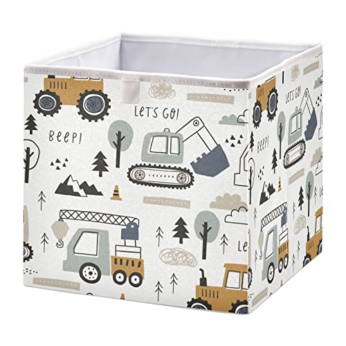 AMmao Cute Truck Tractor Bulldozer Excavator Open Storage Basket Bins Cube Fabric Toy Cloth Gifts Closet Storage Bins Foldable Shelf Basket for Home Bedroom Nursery Decorative, 11X11In