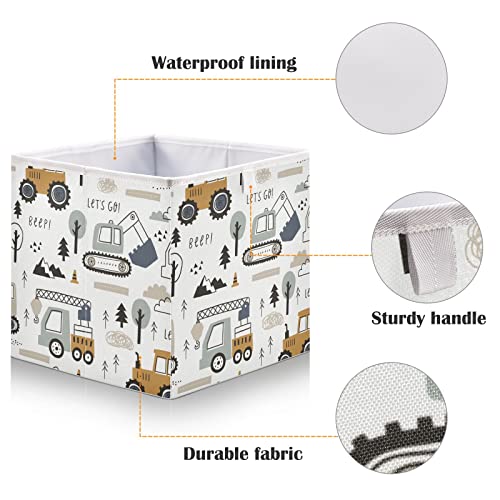 AMmao Cute Truck Tractor Bulldozer Excavator Open Storage Basket Bins Cube Fabric Toy Cloth Gifts Closet Storage Bins Foldable Shelf Basket for Home Bedroom Nursery Decorative, 11X11In