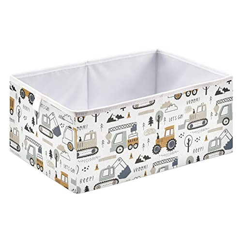 AMmao Cute Truck Tractor Bulldozer Excavator Open Storage Basket Bins Cube Fabric Toy Cloth Gifts Closet Storage Bins Foldable Shelf Basket for Home Bedroom Nursery Decorative, 11X11In