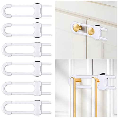 6 Packs Sliding Cabinet Locks, Modacraft Baby Proofing U-Shaped Child Safety Latches Adjustable White Locks for Handles Knobs Drawers Closet Cupboard