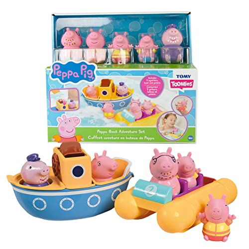 TOMY Toomies Peppa Pig Bath Toys — Peppa’s Boat Adventure Bath Toy Set — Includes Two Boats and 5 Peppa Pig Toy Figures — Baby and Toddler Bath Toys for 18 Months and Up