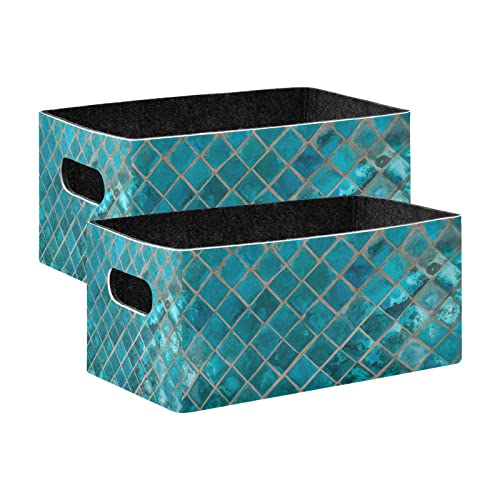 Kcldeci Shiny Turquoise Ceramic Mosaic Storage Bins Baskets for Organizing, Blue Mermaid Scale Buffalo Check Plaid Sturdy Storage Basket Foldable Storage Baskets for Shelves Closet Nursery Toy