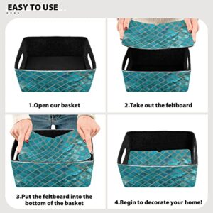 Kcldeci Shiny Turquoise Ceramic Mosaic Storage Bins Baskets for Organizing, Blue Mermaid Scale Buffalo Check Plaid Sturdy Storage Basket Foldable Storage Baskets for Shelves Closet Nursery Toy