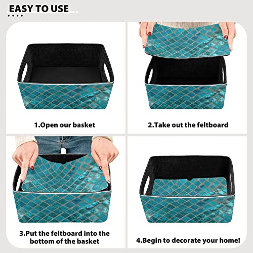 Kcldeci Shiny Turquoise Ceramic Mosaic Storage Bins Baskets for Organizing, Blue Mermaid Scale Buffalo Check Plaid Sturdy Storage Basket Foldable Storage Baskets for Shelves Closet Nursery Toy