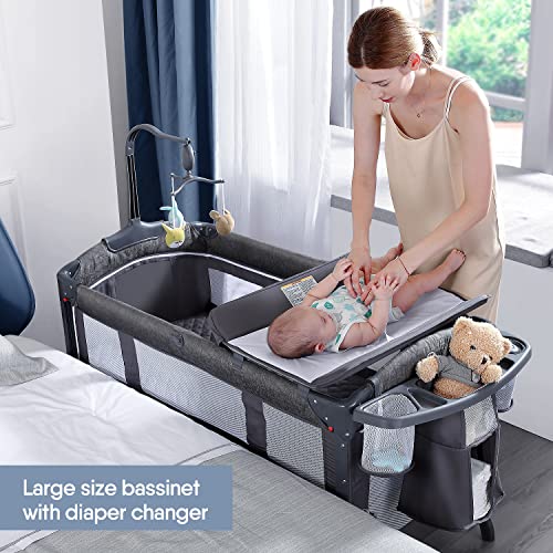 BabyBond Baby Bassinet Bedside Crib, Pack and Play with Sheet, Diaper Changing Table and Music Mobile from Newborn to Toddles, Portable Large Playard Gray