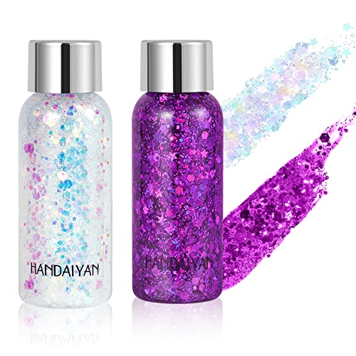 Body Glitter Gel Pack of 2 Bottle, Long Lasting Holographic Face Glitter Gel for Hair, Body, Nail, Waterproof 9 Color Liquid Glitter Body Makeup fo Women (#6 Purple & #9 White)