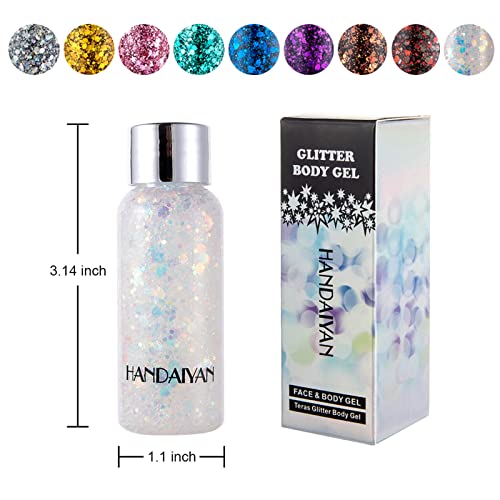 Body Glitter Gel Pack of 2 Bottle, Long Lasting Holographic Face Glitter Gel for Hair, Body, Nail, Waterproof 9 Color Liquid Glitter Body Makeup fo Women (#6 Purple & #9 White)