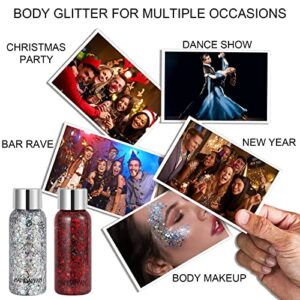 Body Glitter Gel Pack of 2 Bottle, Long Lasting Holographic Face Glitter Gel for Hair, Body, Nail, Waterproof 9 Color Liquid Glitter Body Makeup fo Women (#6 Purple & #9 White)