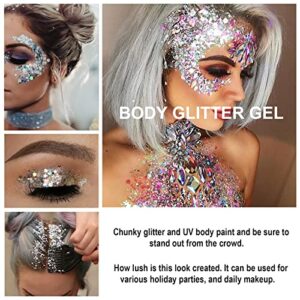 Body Glitter Gel Pack of 2 Bottle, Long Lasting Holographic Face Glitter Gel for Hair, Body, Nail, Waterproof 9 Color Liquid Glitter Body Makeup fo Women (#6 Purple & #9 White)