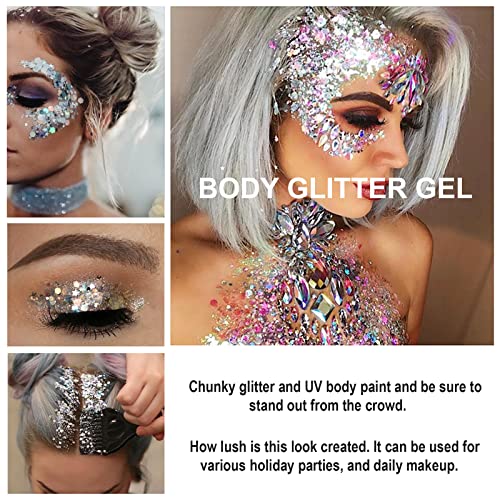 Body Glitter Gel Pack of 2 Bottle, Long Lasting Holographic Face Glitter Gel for Hair, Body, Nail, Waterproof 9 Color Liquid Glitter Body Makeup fo Women (#6 Purple & #9 White)