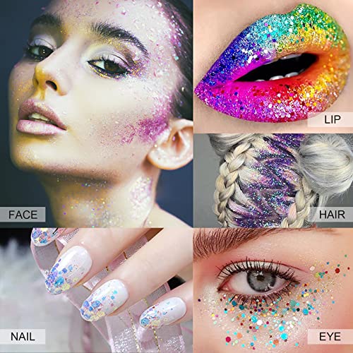 Body Glitter Gel Pack of 2 Bottle, Long Lasting Holographic Face Glitter Gel for Hair, Body, Nail, Waterproof 9 Color Liquid Glitter Body Makeup fo Women (#6 Purple & #9 White)